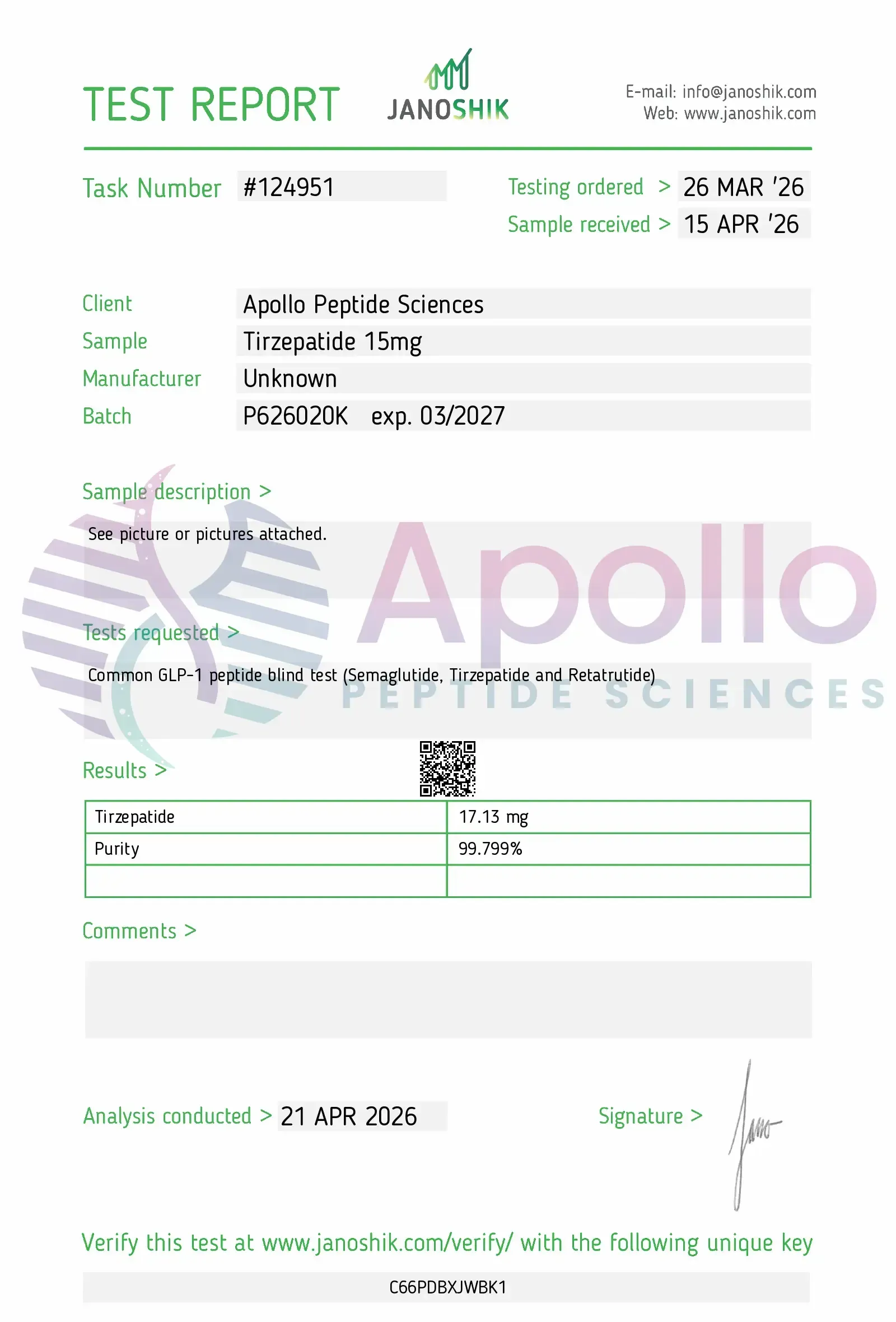 Janoshik COA for Apollo Peptide Sciences Tirzepatide 15mg showing 99.799% purity
