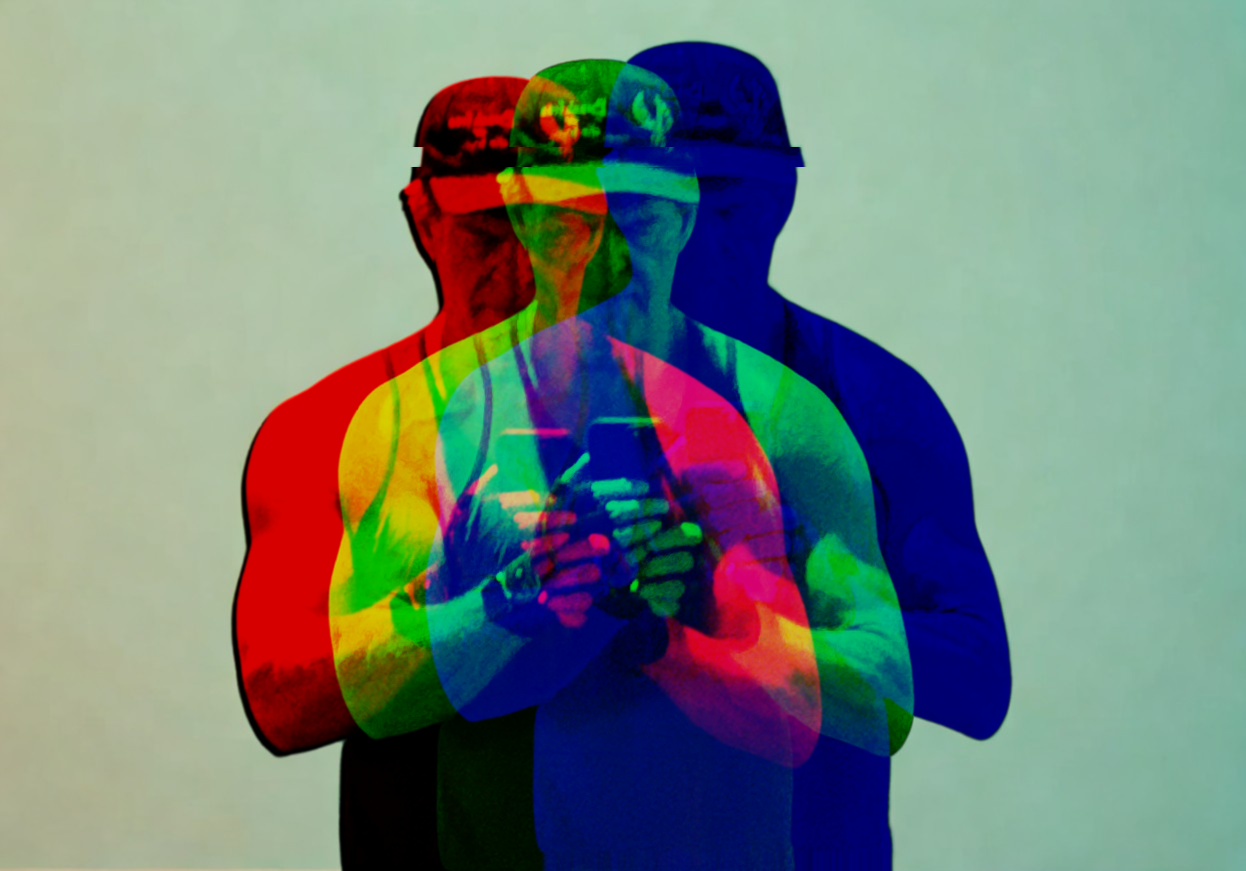 A colorful silhouette of a man holding a cell phone