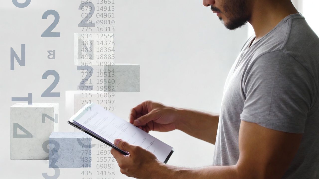 Man reading a document, with digital text overlay.