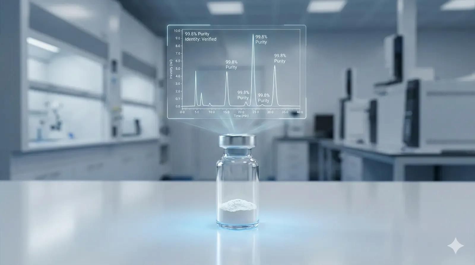 Single peptide vial on lab bench with chromatography analysis equipment glowing in background