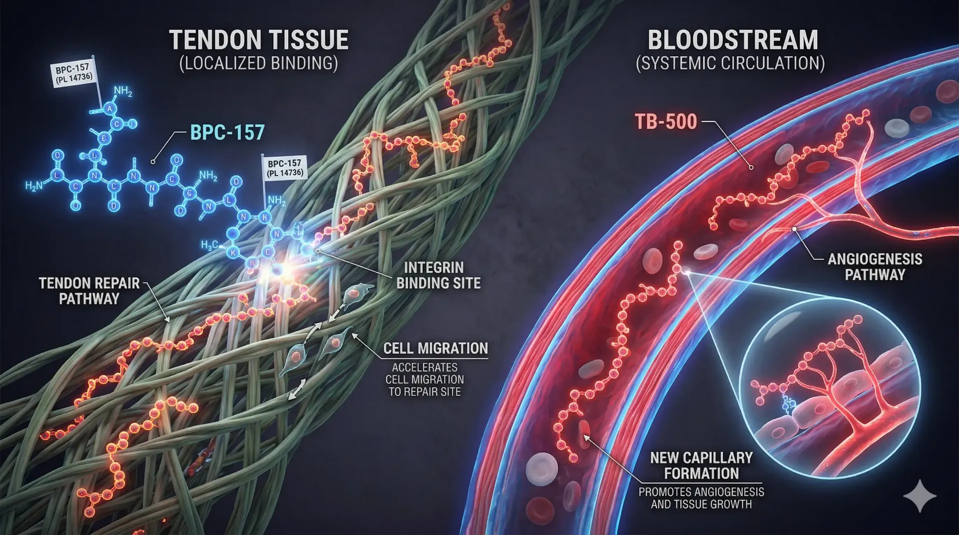 Diagram comparing localized BPC-157 action in tendon tissue to systemic TB-500 circulation in the bloodstream.