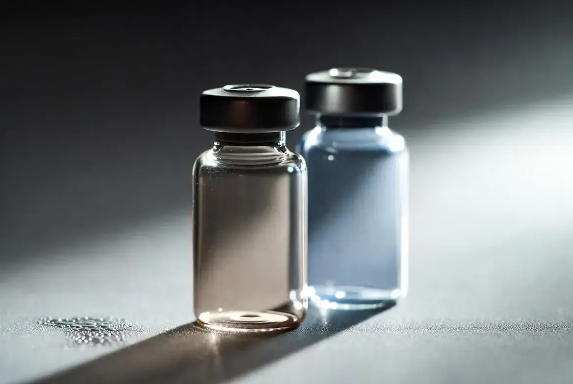 Two glass vials with black caps on a gray surface, one clear and one bluish, lit dramatically from the side