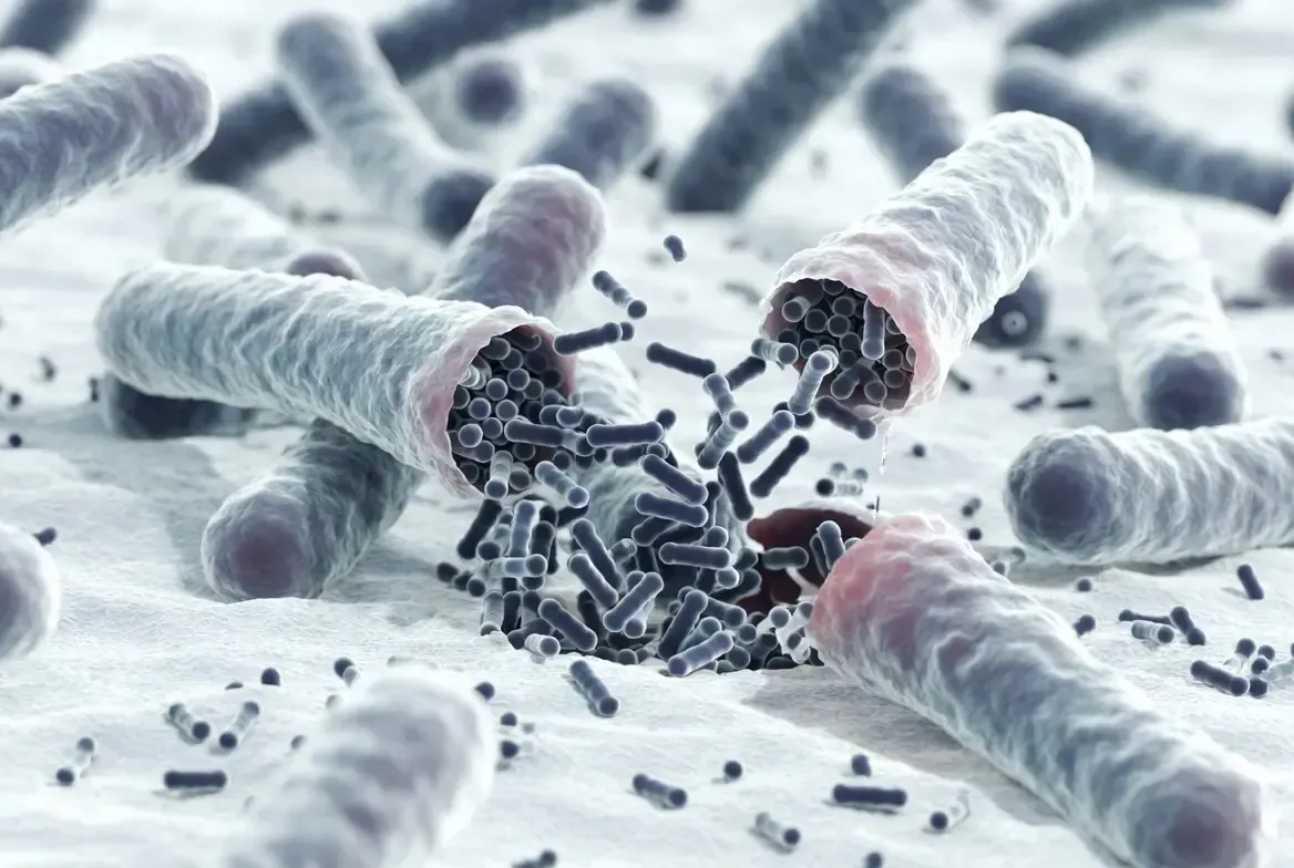 Scientific illustration of antimicrobial peptides disrupting a bacterial cell membrane.
