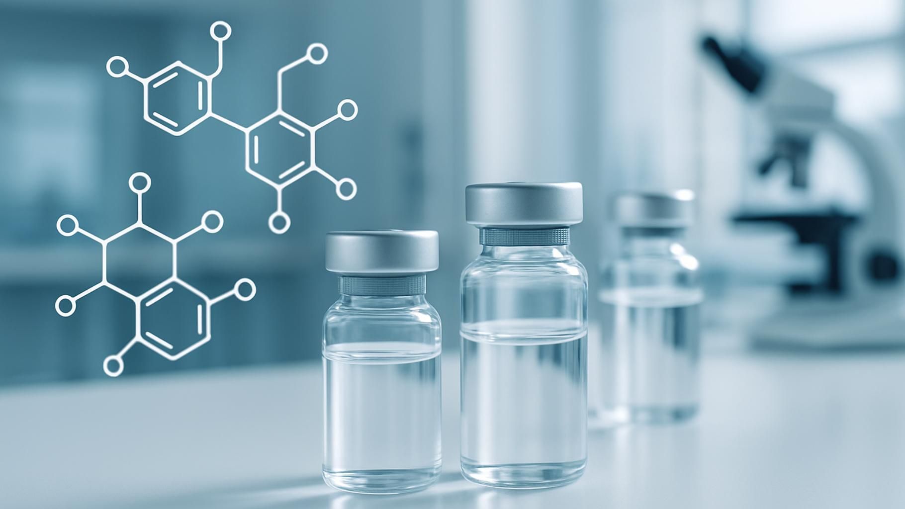 Three vials of bacteriostatic water on a lab table with peptide structures superimposed.