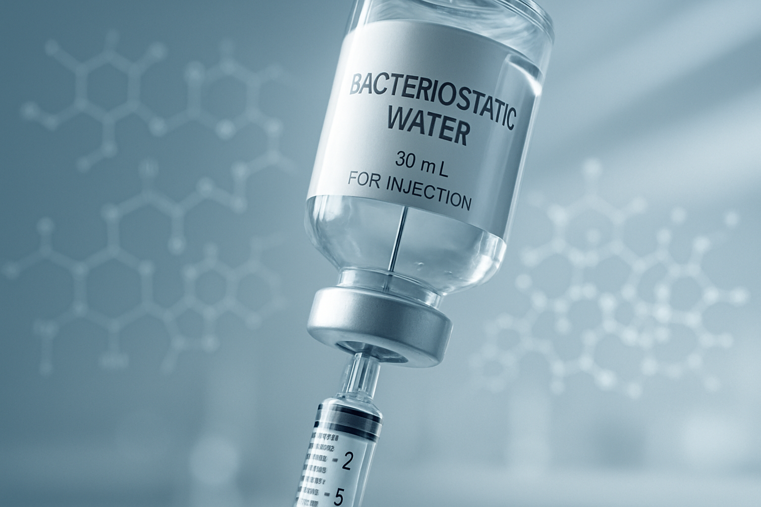 Bacteriostatic water vial being filled by a syringe. The label reads