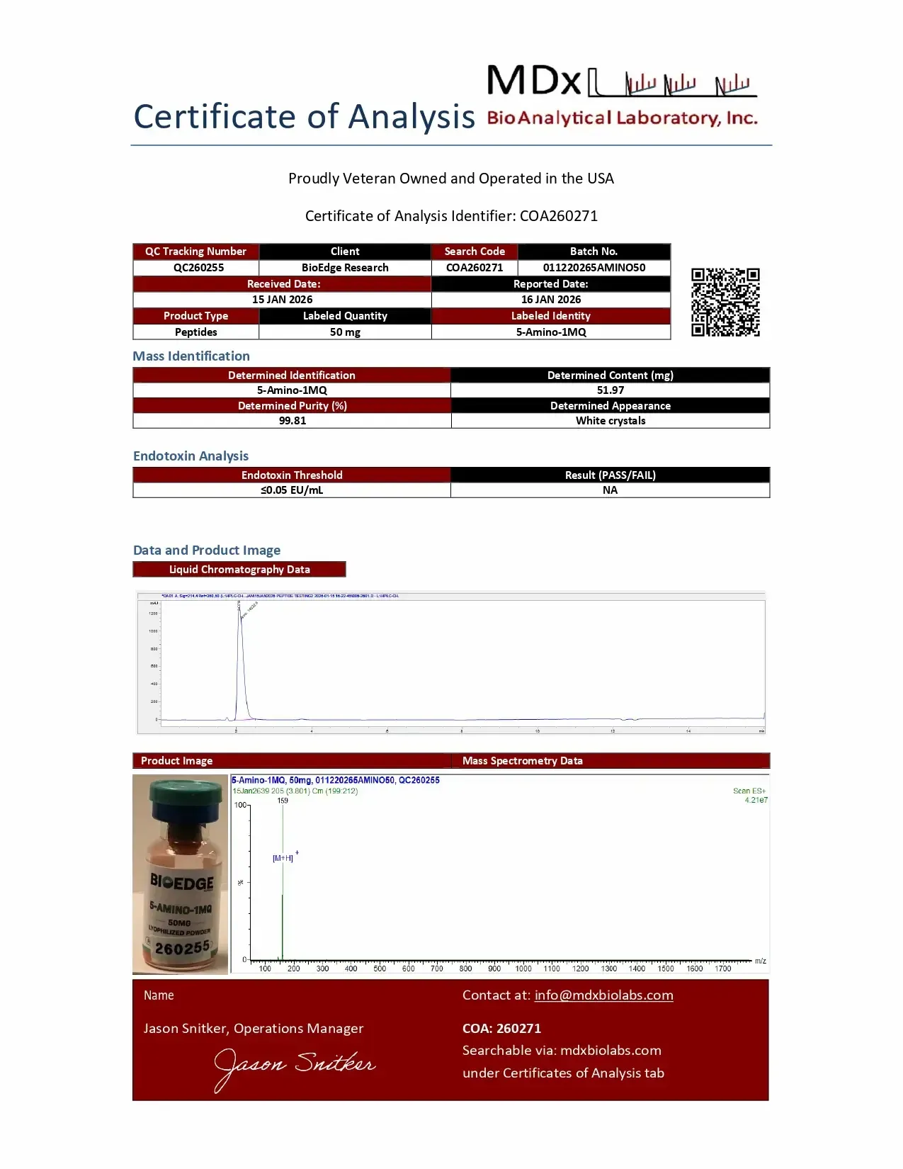 MDx BioAnalytical Labs COA for BioEdge Research 5-Amino-1MQ 50mg showing 99.81% purity and 51.97 mg content.
