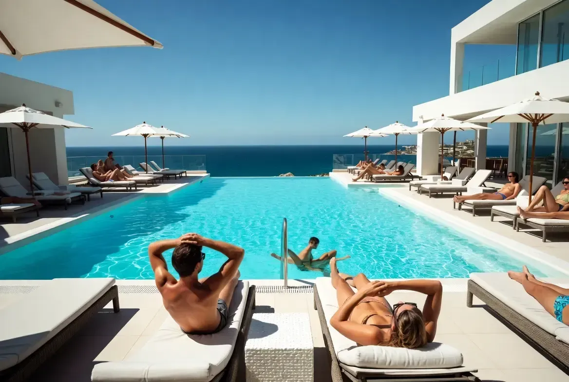 People relaxing on loungers beside a bright turquoise infinity pool overlooking the sea
