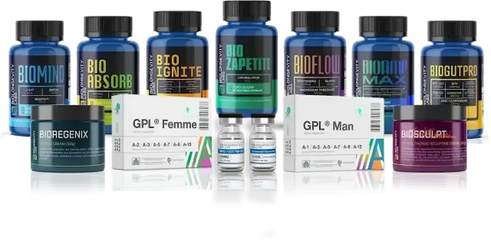 Biolongevity Labs research peptide and bioregulator product range,
including BioMind, BioIgnite, BioFlow and GPL supplements