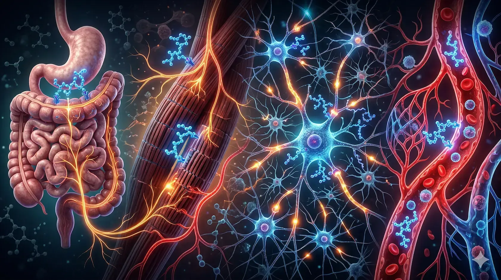 BPC-157 peptide visualization showing molecular interaction with gut tissue and neural pathways.