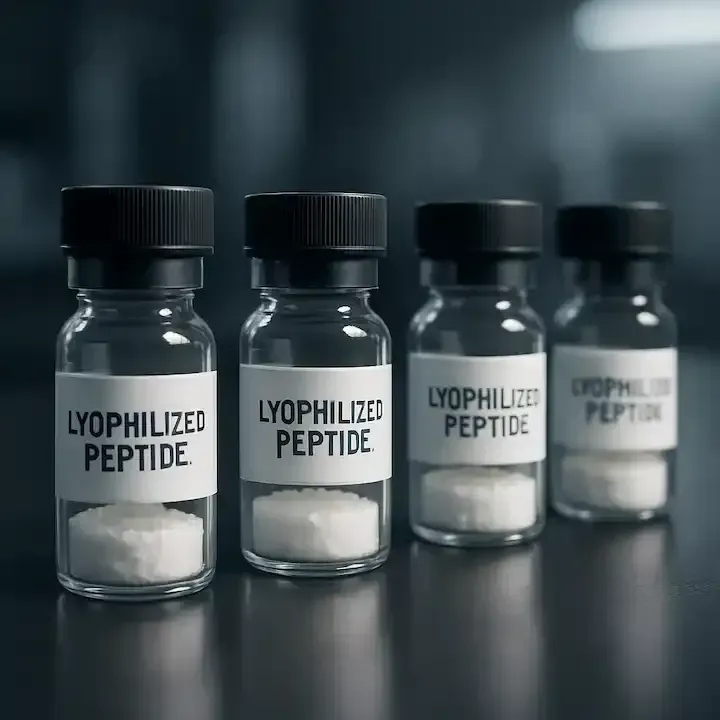 Four glass vials labeled 