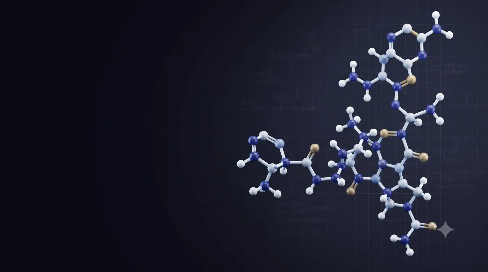 Blue-and-white molecular structure on a dark background, shown as a 3D chemical diagram.