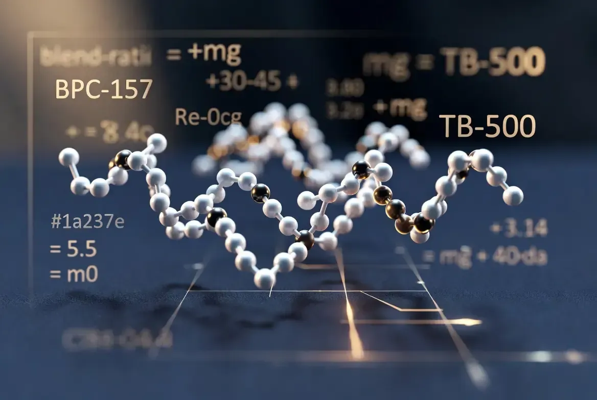 Scientific molecular model with BPC-157 and TB-500 labels over a dark blue background