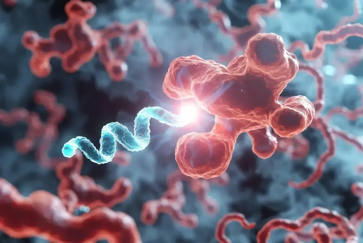 A detailed molecular visualization of a small peptide molecule attaching to a large flowing albumin 