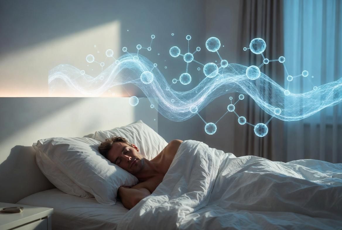 Person sleeping in bed with a blue digital wave overlay above them
