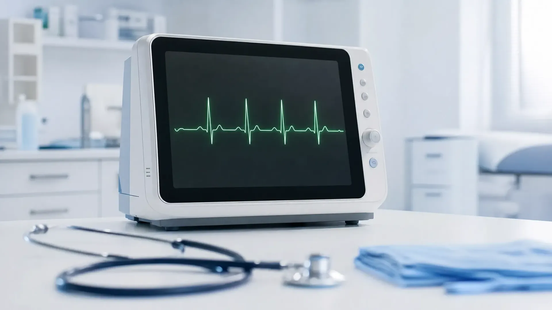 Clinical ECG monitor displaying a simplified heart rhythm waveform in a calm medical evaluation room during overdose assessment