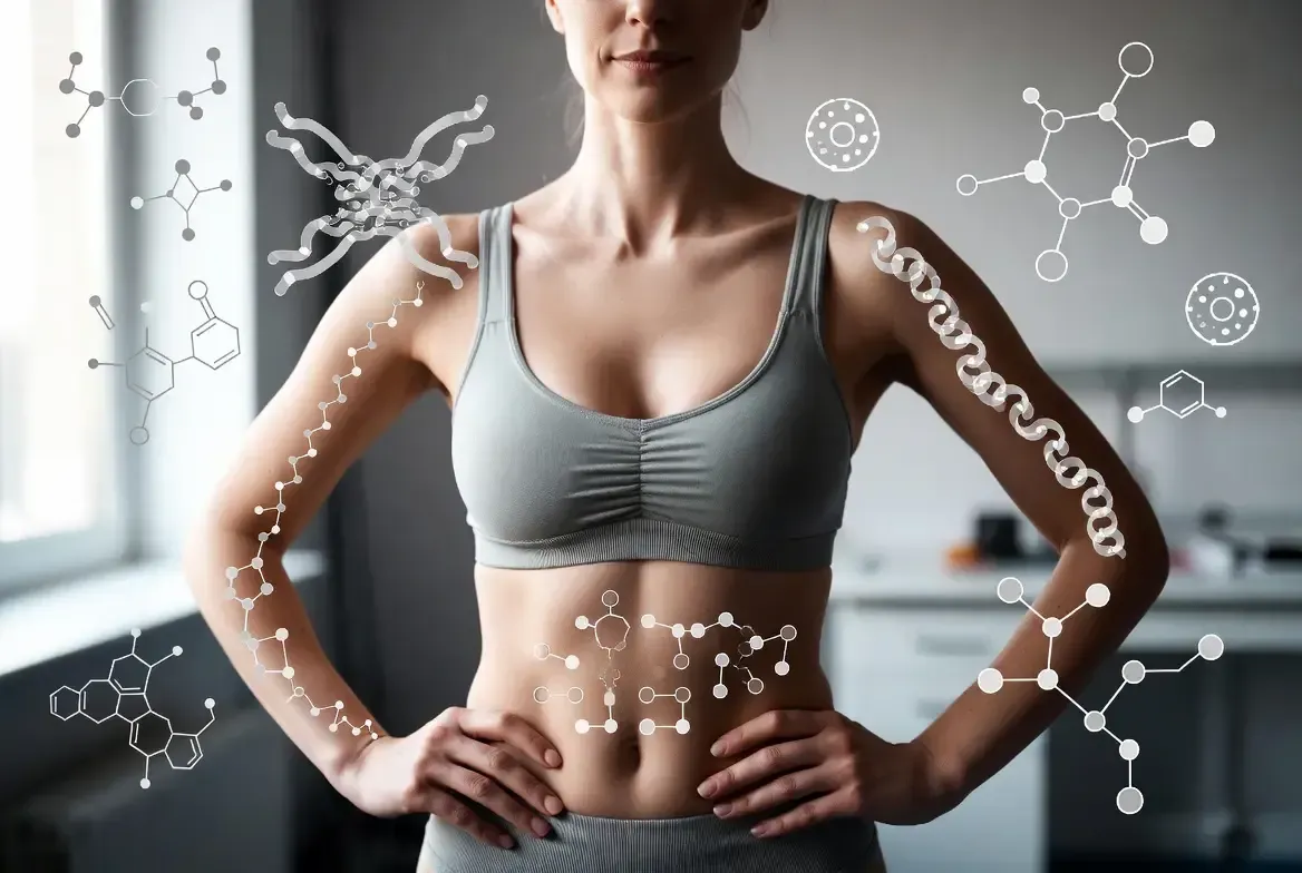 Confident woman in her 30s-40s viewed from low angle in soft natural light, overlaid with molecular 