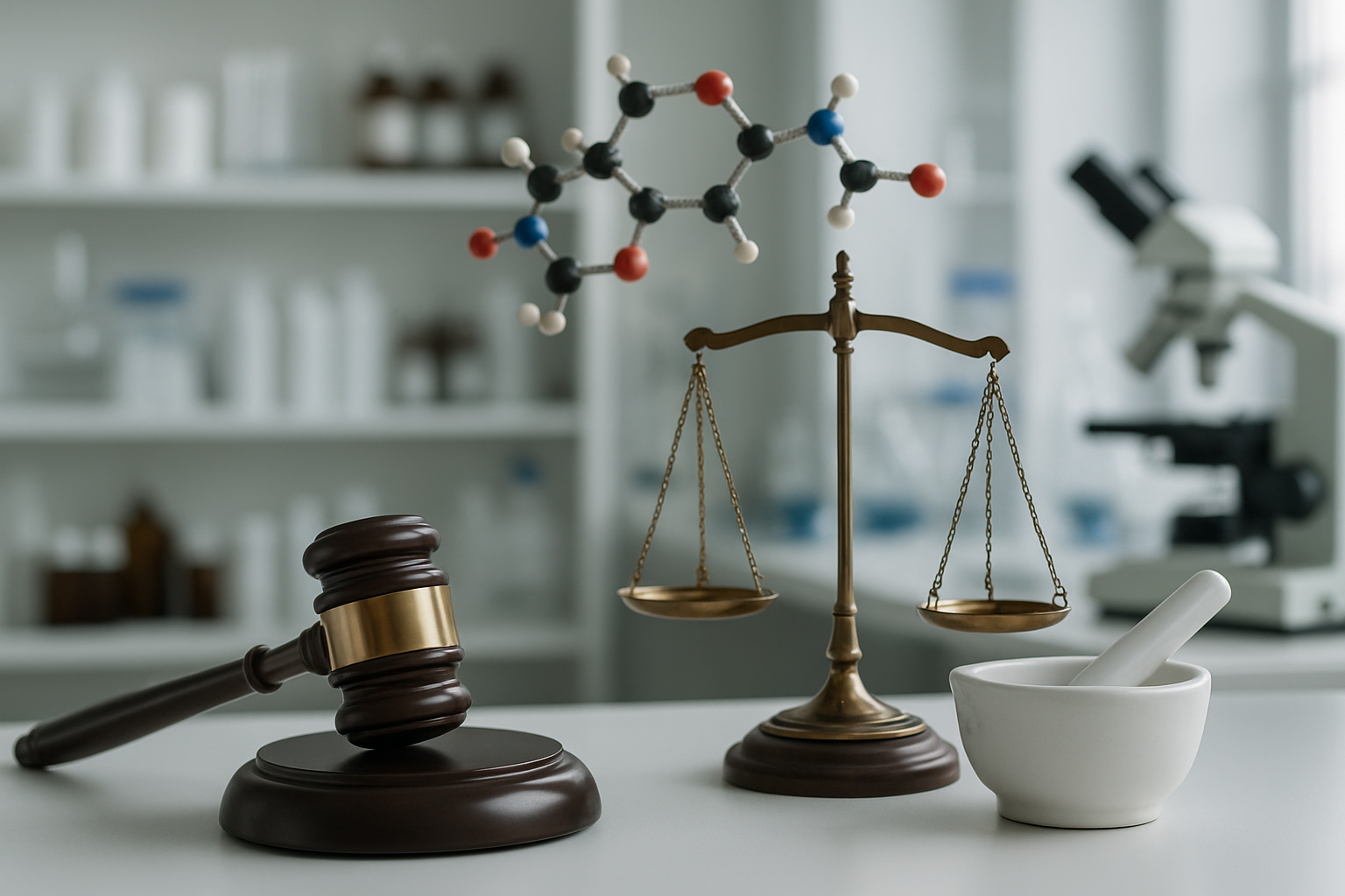 Gavel, scales of justice, chemical model, and mortar & pestle in a lab setting.
