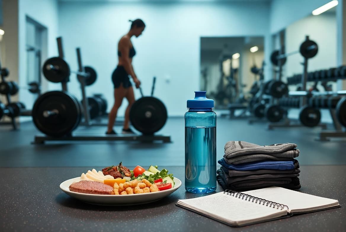Gym floor with a plate of healthy food, water bottle, towel, and notebook in the foreground