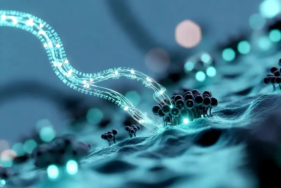 Abstract blue DNA strands with glowing particles in a molecular science visualization