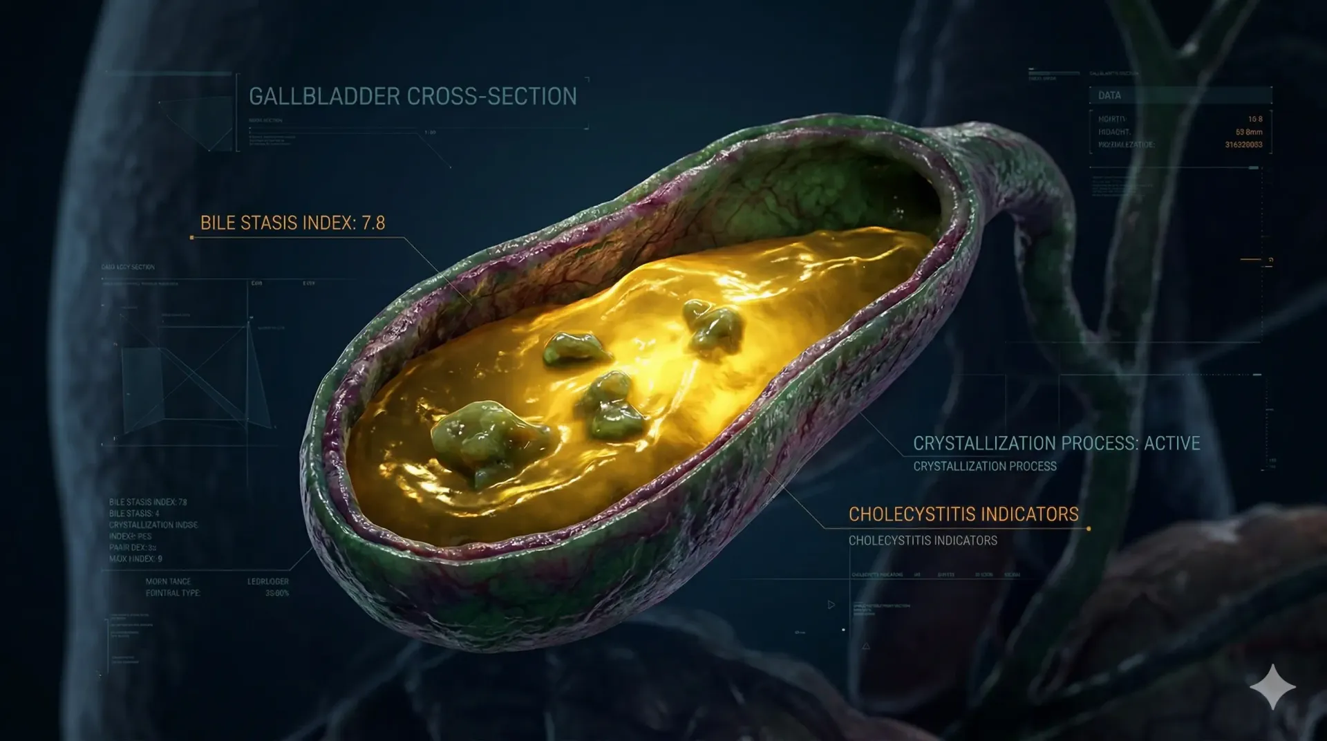 Medical illustration of a cutaway gallbladder filled with bile and several small, green gallstones.