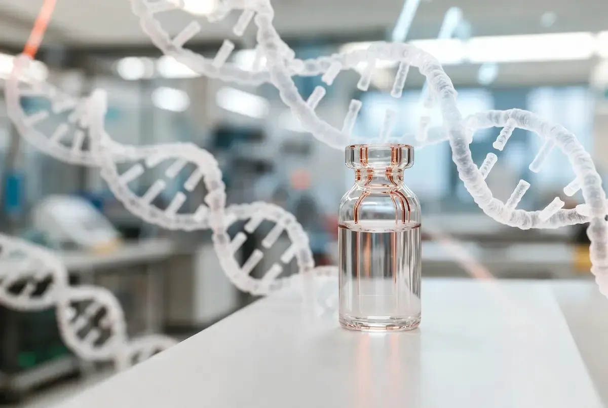 Close-up view of a glass vial with copper reflections in a research laboratory, with soft DNA helices in the background, for GHK-Cu longevity