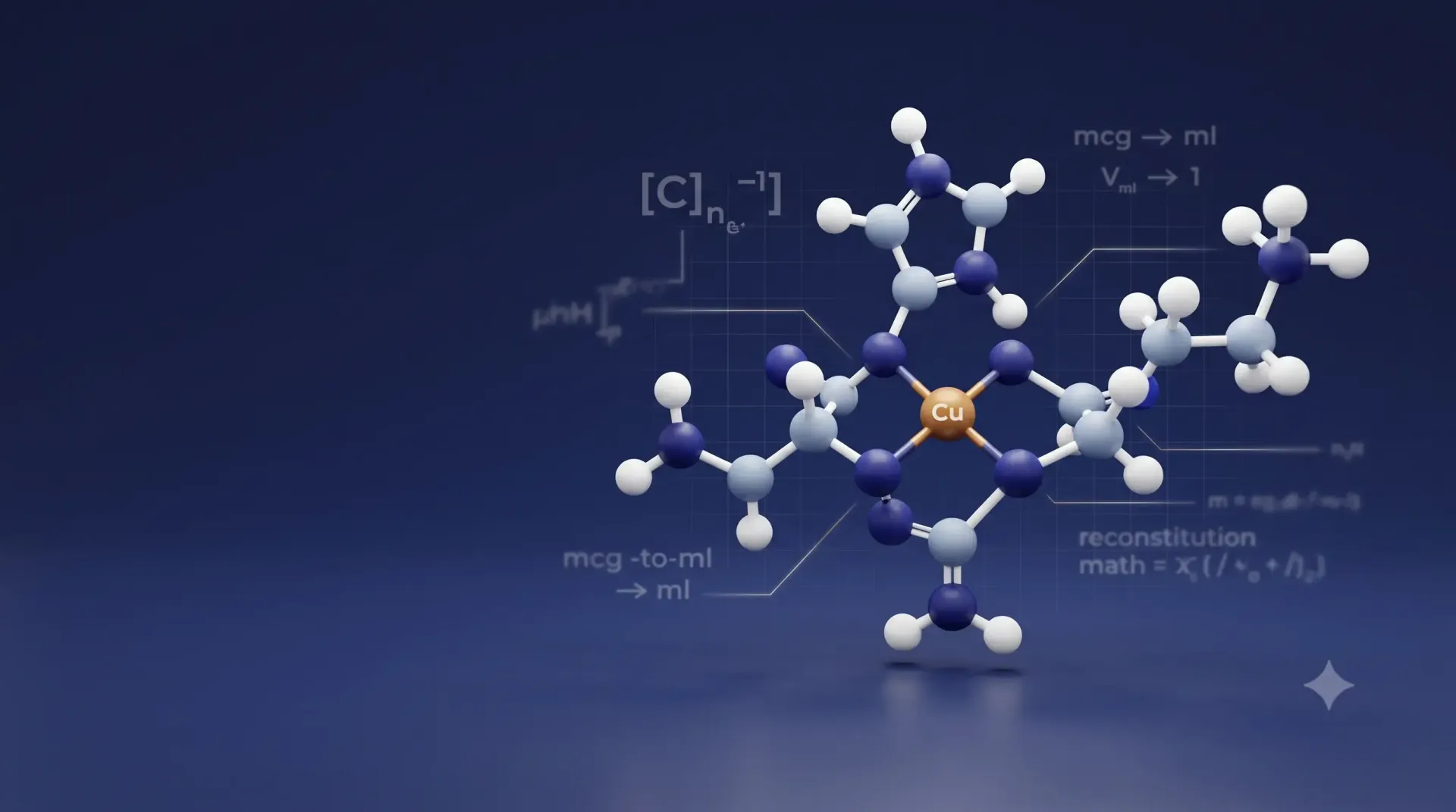 3D molecular model in blue and white on a dark blue background with faint chemical formulas