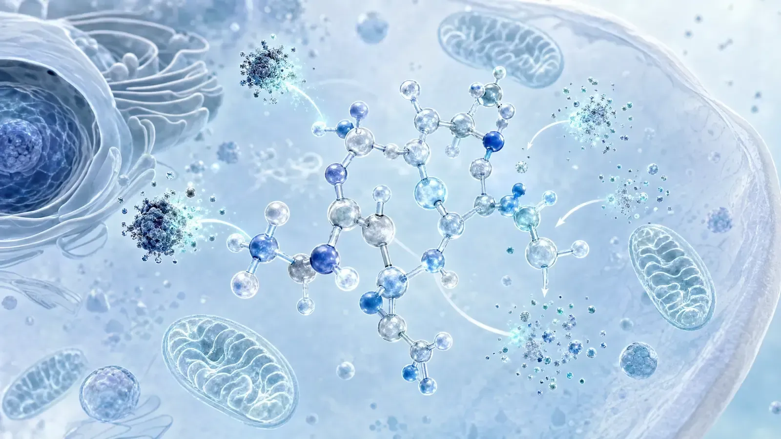 Glutathione molecules neutralizing reactive oxygen species inside a human cell, illustrating the intracellular antioxidant defense mechanism