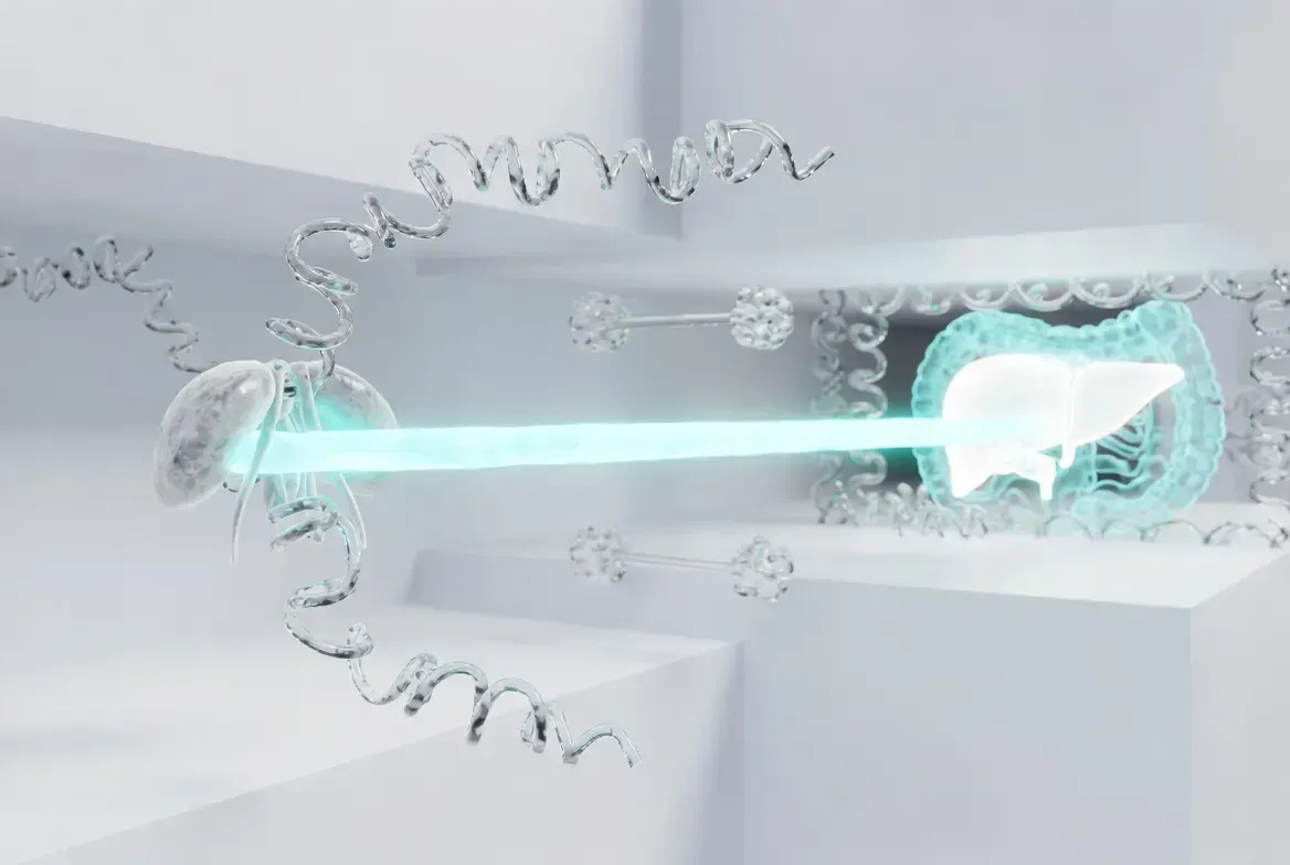 Glowing blue peptide signal travels from stylized pituitary gland through molecular pathways to illuminated liver in clean scientific abstract space with floating structures and soft blue tones