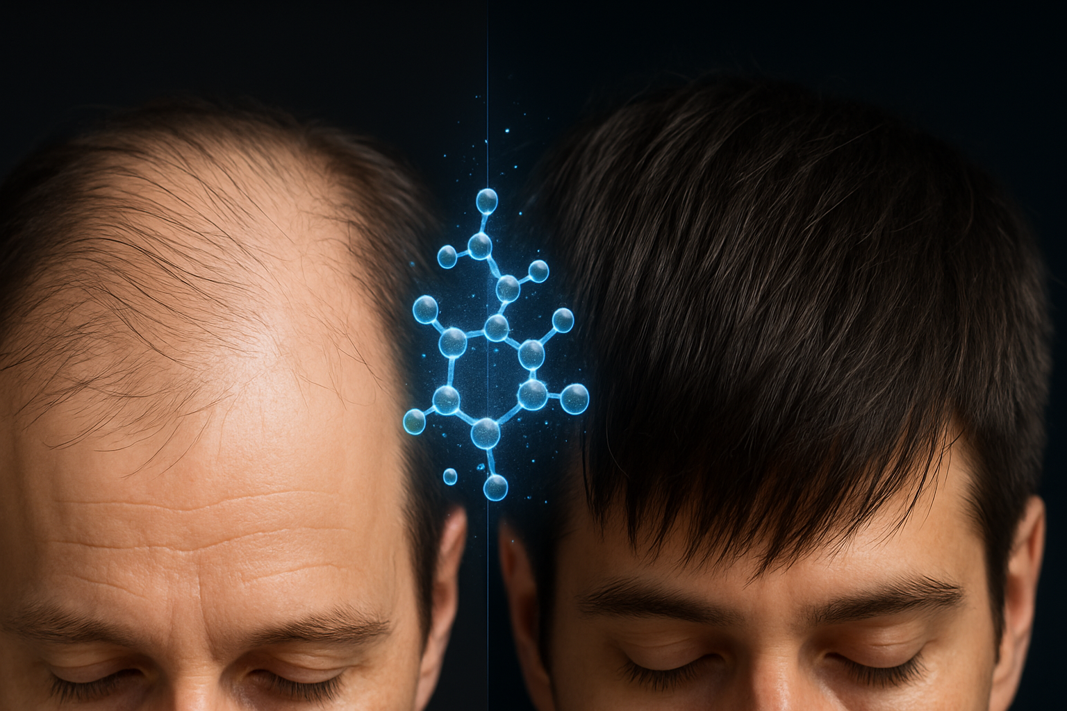 Balding head next to head with full hair, blue molecular structure in between, suggesting hair regrowth.