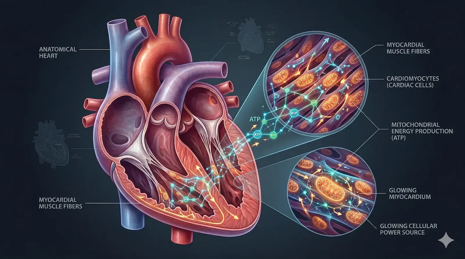 Anatomical diagram of a heart with circular callouts showing cardiac muscle fibers, mitochondria, and cellular processes.