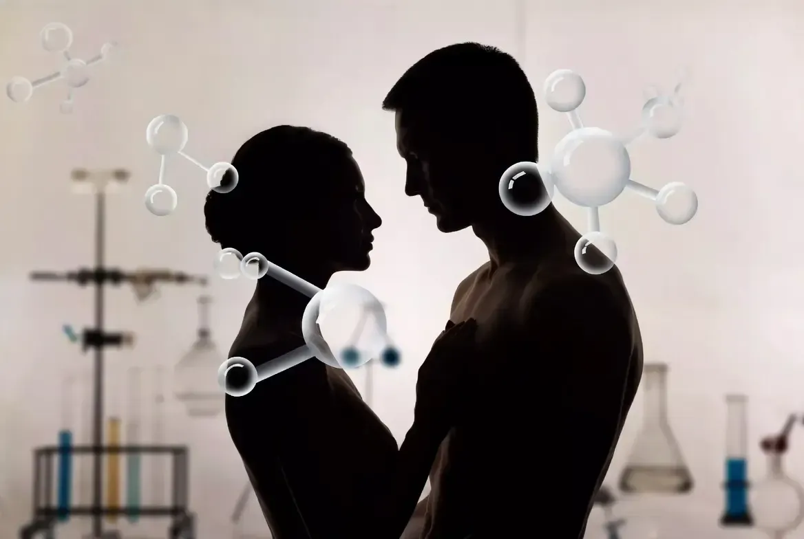 Silhouetted couple facing each other in a lab, with floating molecular models in the foreground