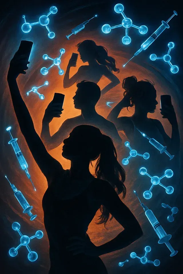 Silhouetted influencers taking selfies amid glowing peptide molecules and syringes