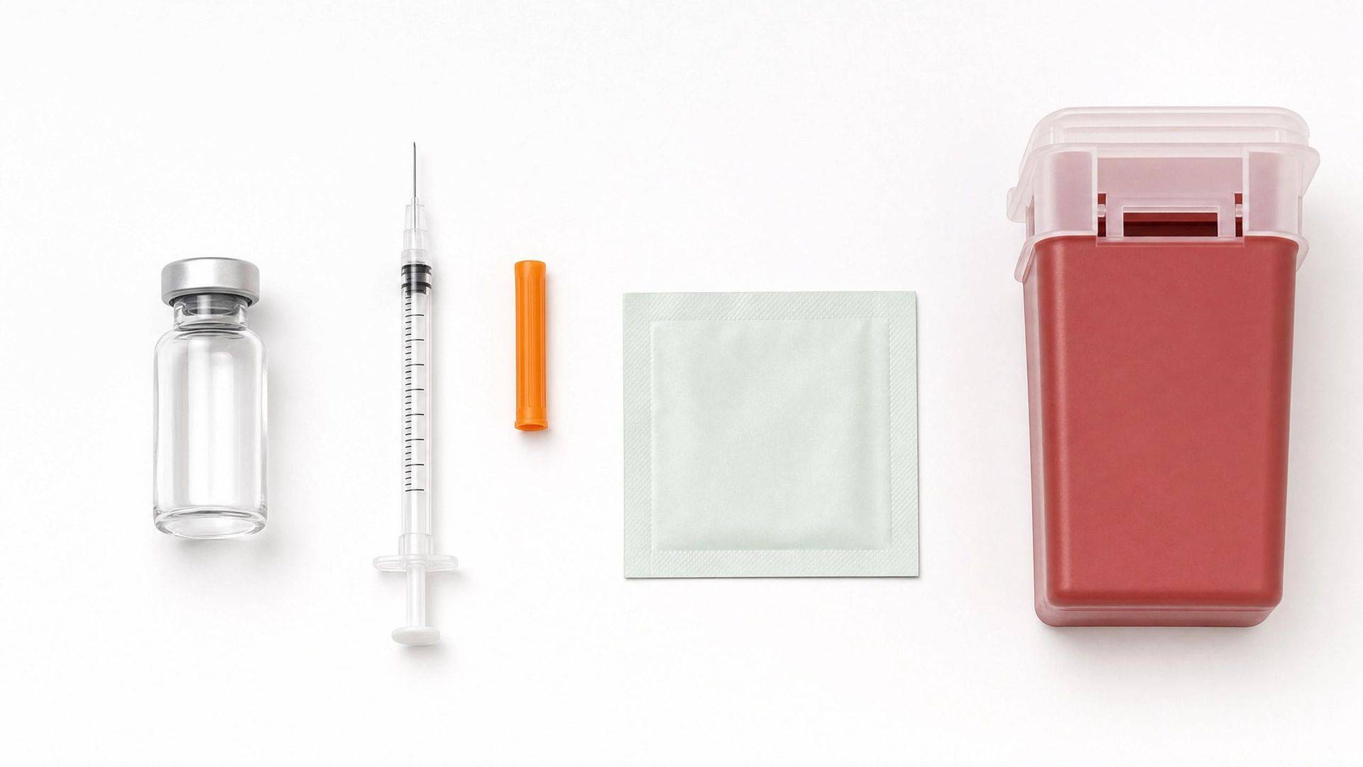 Flat lay of peptide injection supplies: vial, insulin syringe, alcohol swabs, and sharps container