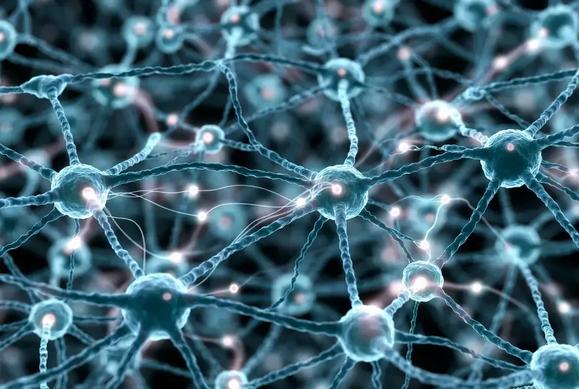 Abstract blue neural network with glowing nodes and connecting lines