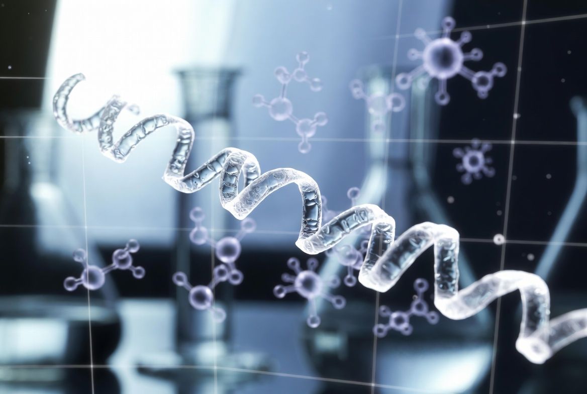 Luminous KPV molecular chain in blue lab with glowing bonds and cytokine particles in soft focus lit