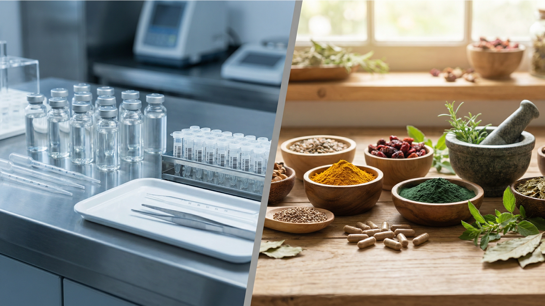 Laboratory equipment juxtaposed with herbs and supplements, representing scientific and holistic medicine.