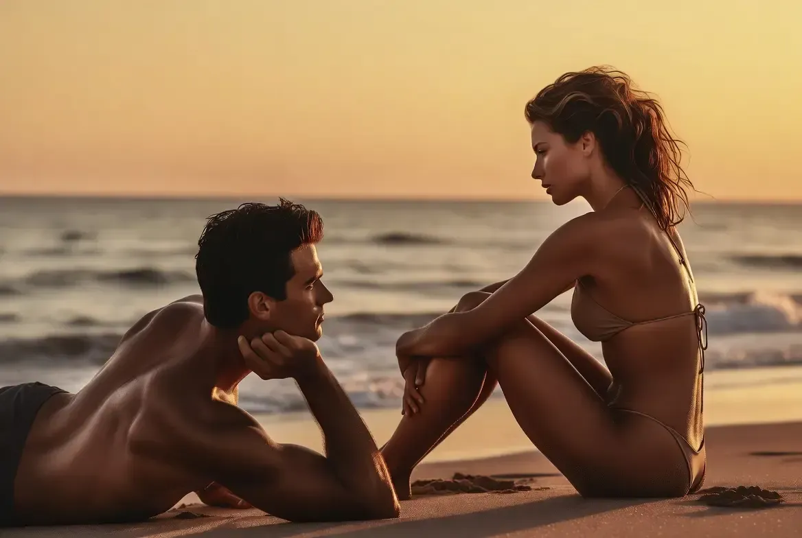 Two people relaxing on a beach at sunset, facing each other by the shoreline.