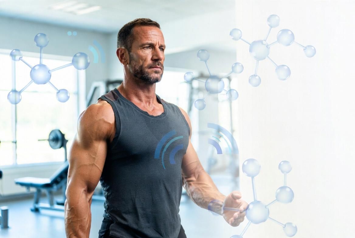 Man in a gym wearing a dark tank top, holding a dumbbell with molecular graphics in the background