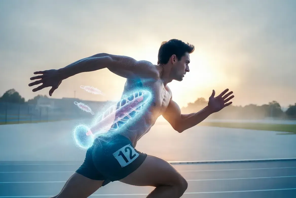 Runner sprinting on a track, with glowing blue biomechanical graphics over his torso.