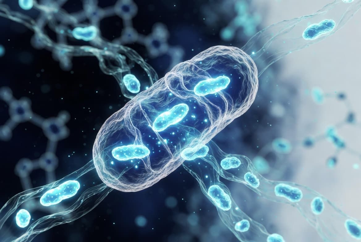 Illuminated mitochondrion with glowing ATP flow in cells, showing MOTS-c energy optimization role++
