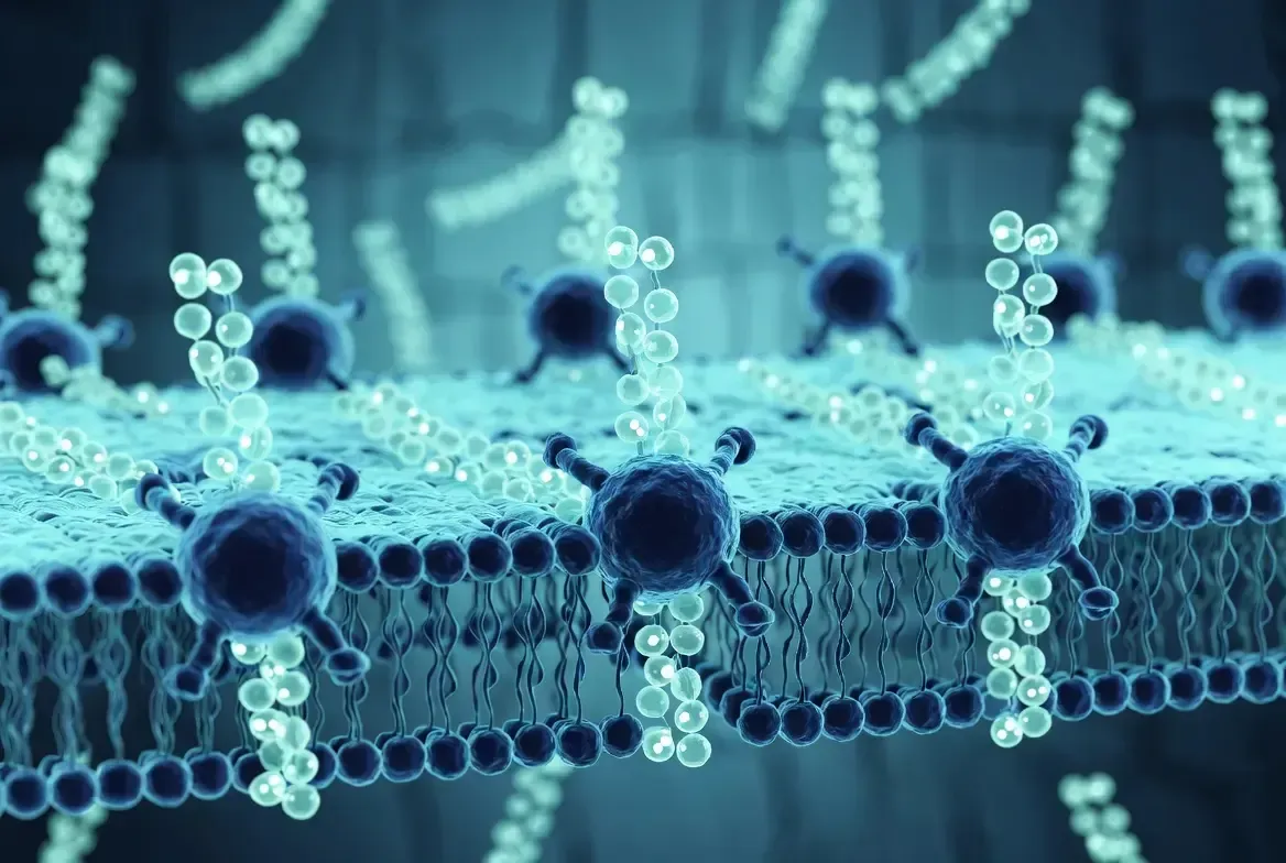 Stylized blue molecular structure with glowing particles on a membrane-like surface