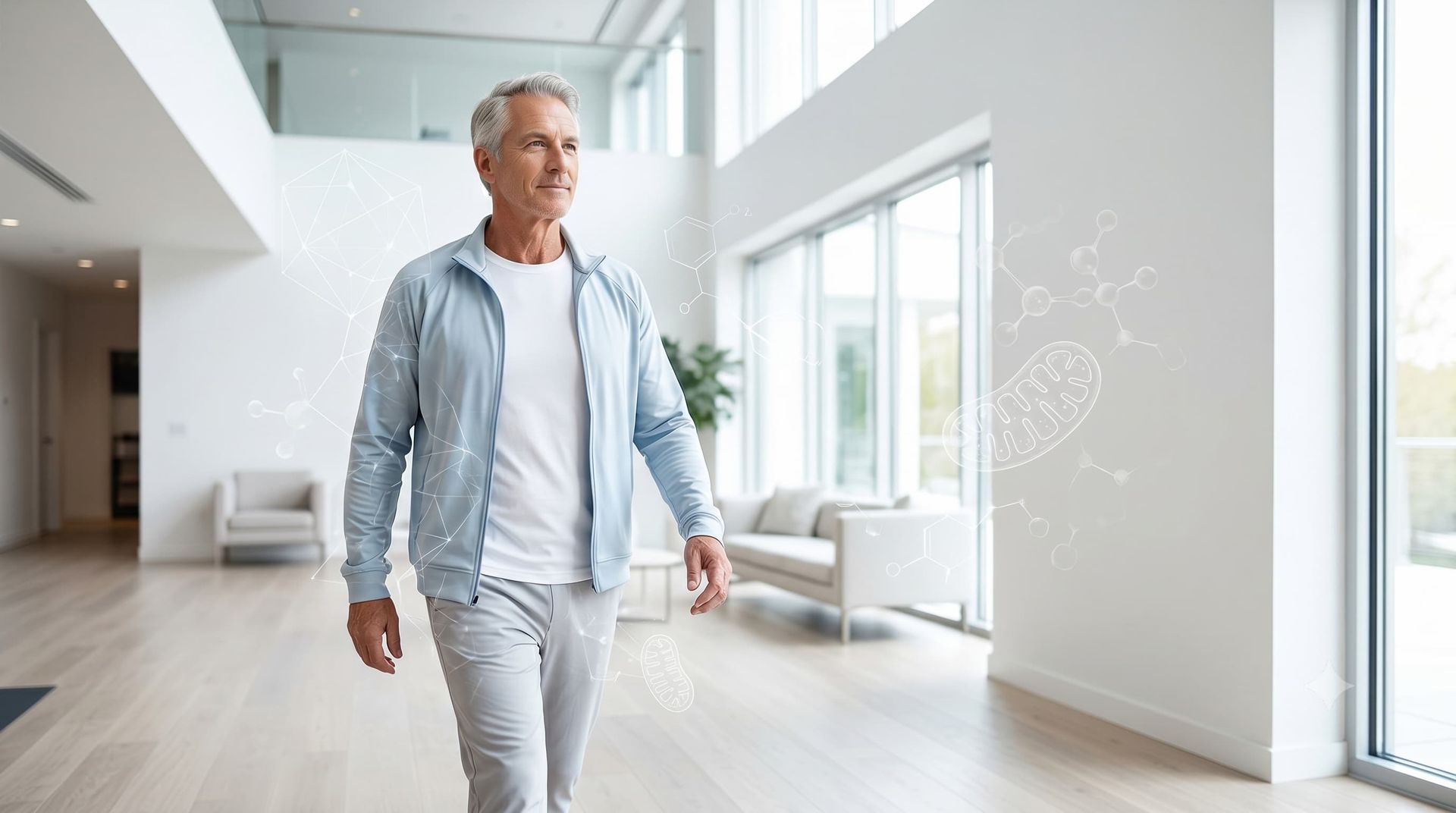 Confident healthy 60-year-old woman in active stride within bright contemporary wellness setting, with gentle molecular overlays evoking NAD+ contributions to cellular health and aging vitality