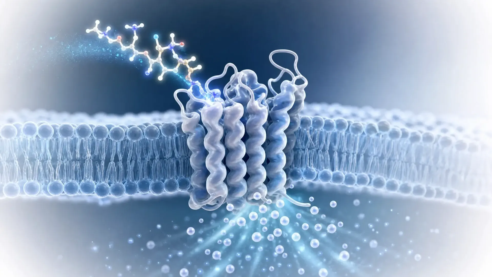 Biomedical illustration of oxytocin peptide binding to cell membrane receptor in abstract cellular environment