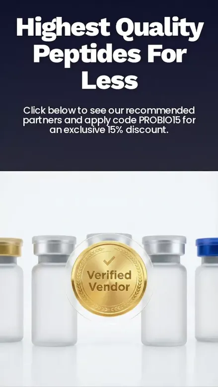 Research peptide vials with a Verified Vendor badge and code PROBIO15