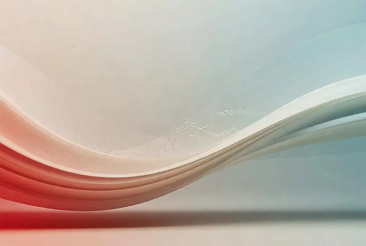 Abstract red, beige, and blue waves on a soft gradient background
