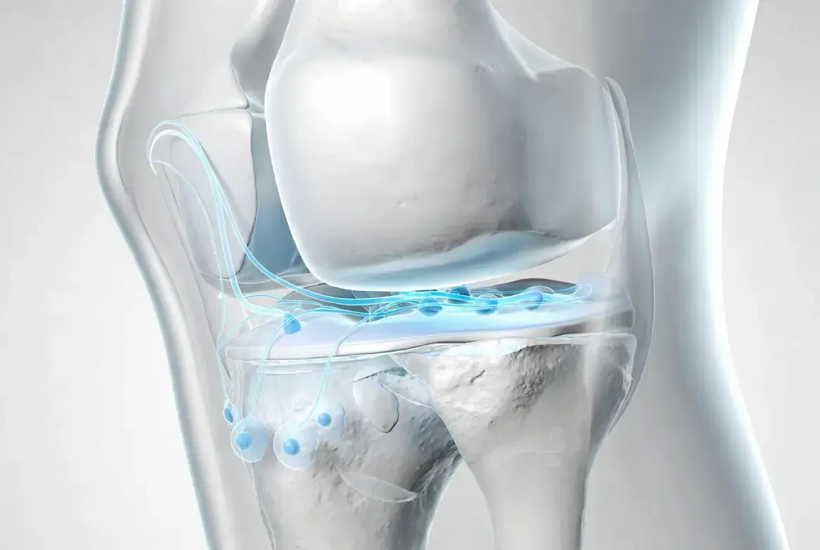Knee joint diagram showing fluid buildup and inflammation around the joint