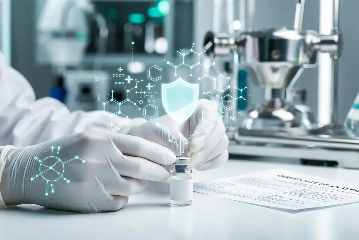 Three-quarter view of gloved hands reviewing a sterile peptide vial beside third-party COA documents on a white lab bench in a modern research laboratory