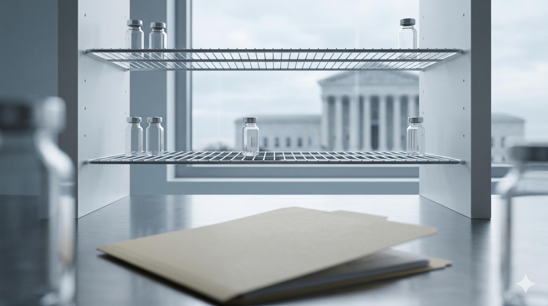 Empty regulatory shelves and courthouse silhouette representing FDA pressure on peptide industry