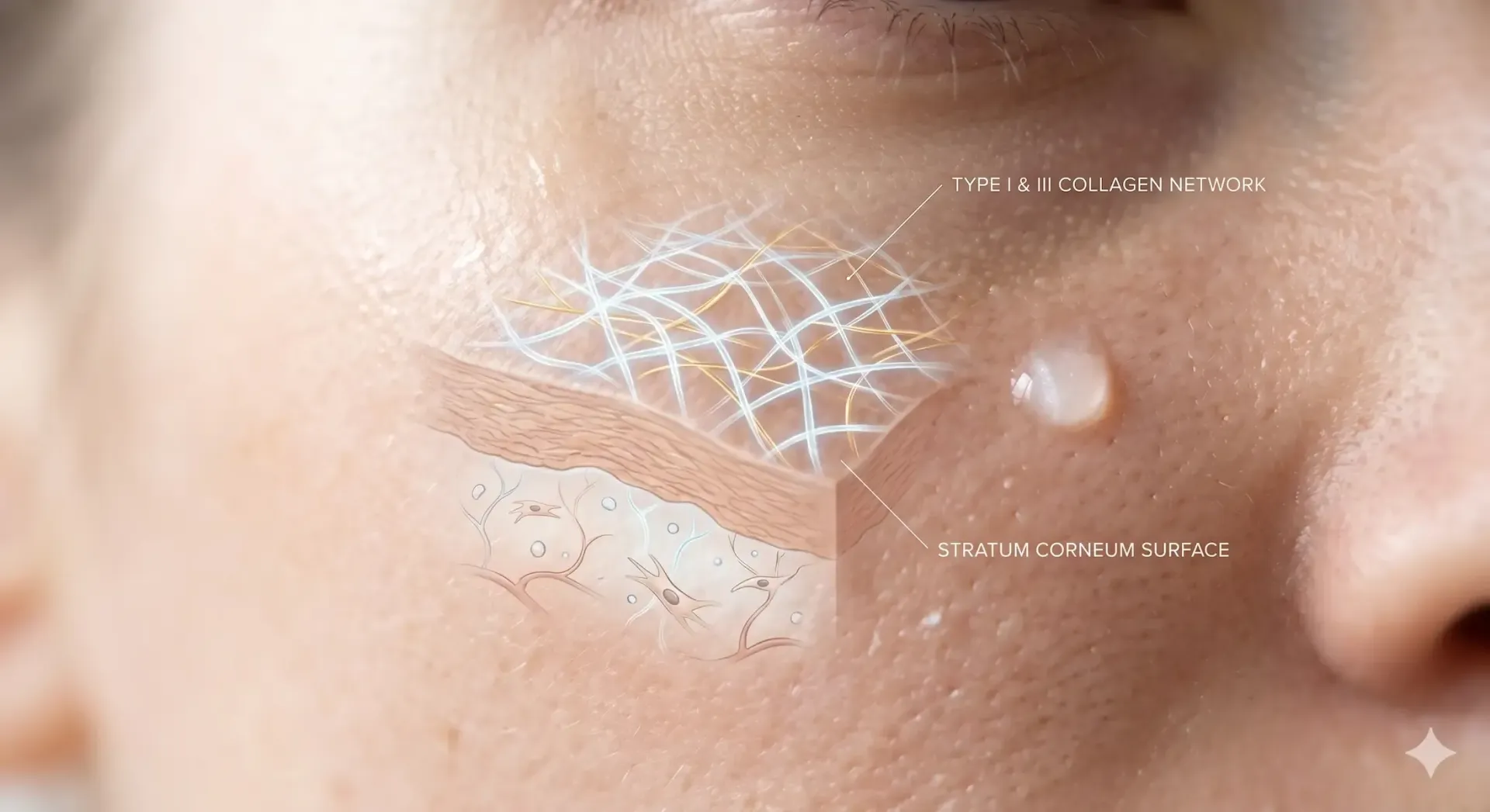 Female skin with collagen structure visualization showing peptide support