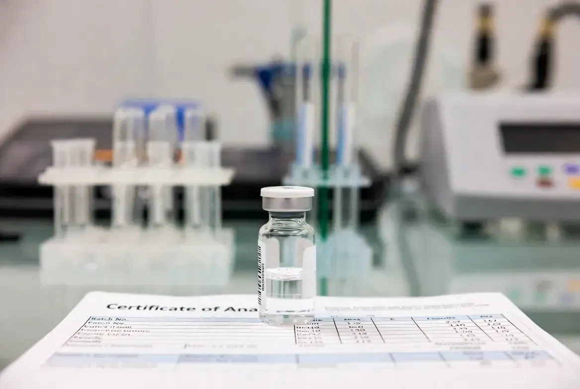 A clear vial sits on a Certificate of Analysis document in a laboratory setting with test tubes and equipment behind.